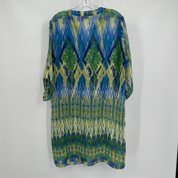 Chicos Womens Boho Sheer Tunic Top Size 2 US L Ikat Festival Vacation Cruise - Picture 2 of 8